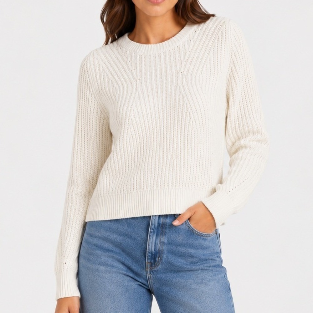 Banana Republic Sweater Womens Cream Cotton  Blend Ribbed Chevron Knit Small